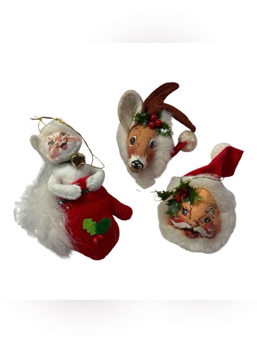 Annalee Christmas Ornaments Set of 3 Kitten in Mitten, Reindeer, and Santa Face